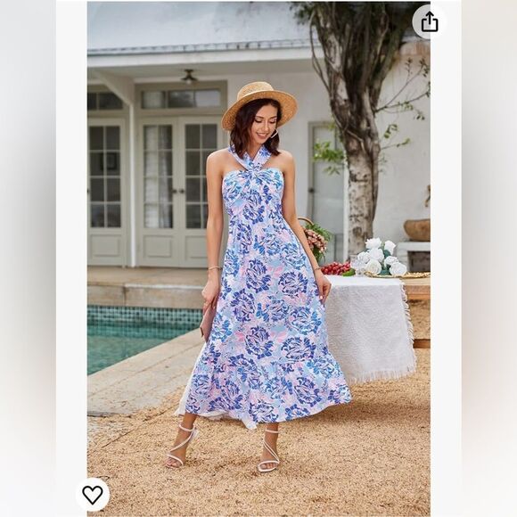 GRACE KARIN Crisscross Halter neck Summer Floral Flowy A Line Maxi Dress Sz M - Picture 1 of 8